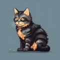 Illustration of a black tabby cat isolated on a blue background.