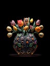 Illustration of the black vase with filigree design colorful tulip flowers, and AI-generated image Royalty Free Stock Photo