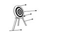Illustration of black and white arrows that stuck inaccurately on the archery face target with three wooden legs Royalty Free Stock Photo