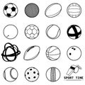 Illustration of contour balls icon of different sports and whistle SPORT TIME
