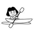 illustration black and white kid girl riding in a canoe