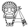 illustration black and white native indian children for coloring book