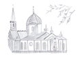 Illustration black and white sketch drawing pencil a wooden church hatching