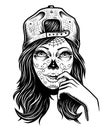 Illustration of black and white skull girl with cap on head