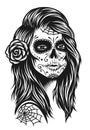 Illustration of black and white skull girl with rose in hairs Royalty Free Stock Photo