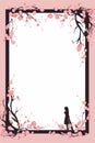 an illustration of a black and white square frame with cherry blossoms on a pink background Royalty Free Stock Photo
