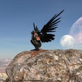 Illustration of a black winged female being wearing a headdress crouched atop a large boulder on an alien world