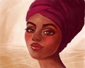 Illustration of a beautiful black woman in a turban. Art illustration, African American beauty, African natural ethnic beauty
