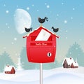 Blackbirds on the mailbox in winter landscape