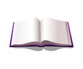 Illustration of blank opened book with purple cover.