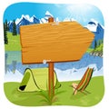 Illustration of a blank wooden board standing near the entrance of a campsite
