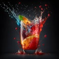 Illustration of a blast in a glass of refreshing multicolored summer cocktail with citrus slices on dark background, copy space.