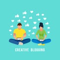 Illustration blogging concept. Couple man and woman sitting