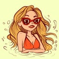 Illustration of a blonde girl wirh a red suimsuit sitting in a water pool on vacation. Vector of a woman with sunglasses Royalty Free Stock Photo