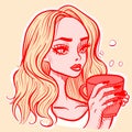 illustration of a blonde woman holding a mug. Vector of a girl drinking a cup of bubble tea Royalty Free Stock Photo