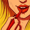 Illustration of a blonde woman\'s hand applying lipstick on her lips. Closeup vector of a girl putting on lip gloss Royalty Free Stock Photo