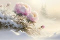 Illustration of blossom pink rose flower covered with snow, snow fall, Royalty Free Stock Photo