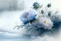 Illustration of blossom pink rose flower covered with snow, snow fall, Royalty Free Stock Photo