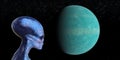 Illustration of a blue alien with an elongated skull in space with a planet and stars in the background