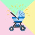 Illustration of Blue Baby stroller for baby boy with bag. Vector icon. Royalty Free Stock Photo