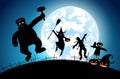 Illustration blue background concept,many people with men and women wearing as ghost and devil for festival halloween
