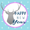 Illustration on a blue background with with snowflakes, phrase `Happy New Year` and grey silhouette of head deer