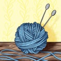 Illustration of Blue ball of wool and knitting needles on a wooden table