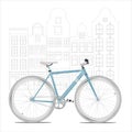 Illustration of a blue bike in flat style against a black and white European city background in line art and style.