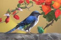Illustration of a blue bird on a branch of a blooming tree