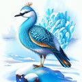 Illustration of a blue bird on a rock in the snow. AI Generated Royalty Free Stock Photo