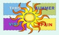 Summer vacation promotion with stamp shapes and sun. Visit Spain