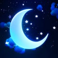 Illustration of a blue crescent moon with clouds and stars in the night sky Generative AI