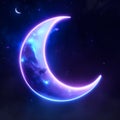 Illustration of a blue crescent moon and stars on a dark background AI Generated