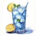 Illustration of blue drink with ice and lemons isolated on white background, AI Generated