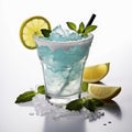 Illustration of blue drink with ice and lemons isolated on white background and reflection, AI Generated