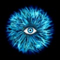 Illustration of a blue electrify human iris on black background.