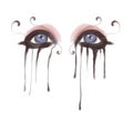 Illustration of blue eyes with black shadows and smudges of tears and makeup