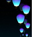 Illustration of blue flying sky lanterns