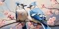 Illustration of blue jays perched in a tree
