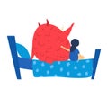 Illustration of a blue little girl in bed looking at a giant red monster. Child faces her nightmares, bedtime fears