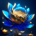 Illustration of a blue lotus with golden petals on a dark background Generative AI Royalty Free Stock Photo
