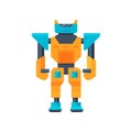 Blue-orange transformer. Strong metal robot. Metal warrior. Flat vector for poster of toy store or mobile game