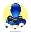 Illustration of blue person with microphones with yellow circle background