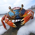 Blue rock crab in the snow, close-up, macro