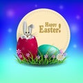 Illustration of a blue shade with a round frame with Easter eggs and a rabbit, Royalty Free Stock Photo