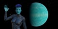 Illustration of a blue skin alien with facial carving waving with a large planet in the background