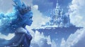 Illustration of a blue-skinned witch flying on snowy pieces of land in cold clouds as she looks at a frozen castle on a
