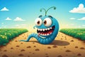 Illustration of a blue worm happy while turning the soil in a vegetable field Royalty Free Stock Photo