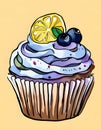 Illustration of blueberry lemon cupcake, clip art, vector, yummy, food illustration, Background, poster or postcard. AI Generated