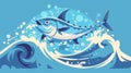 An illustration of a bluefin tuna jumping out of strong waves splashing water through the sea on a blue background of a Royalty Free Stock Photo